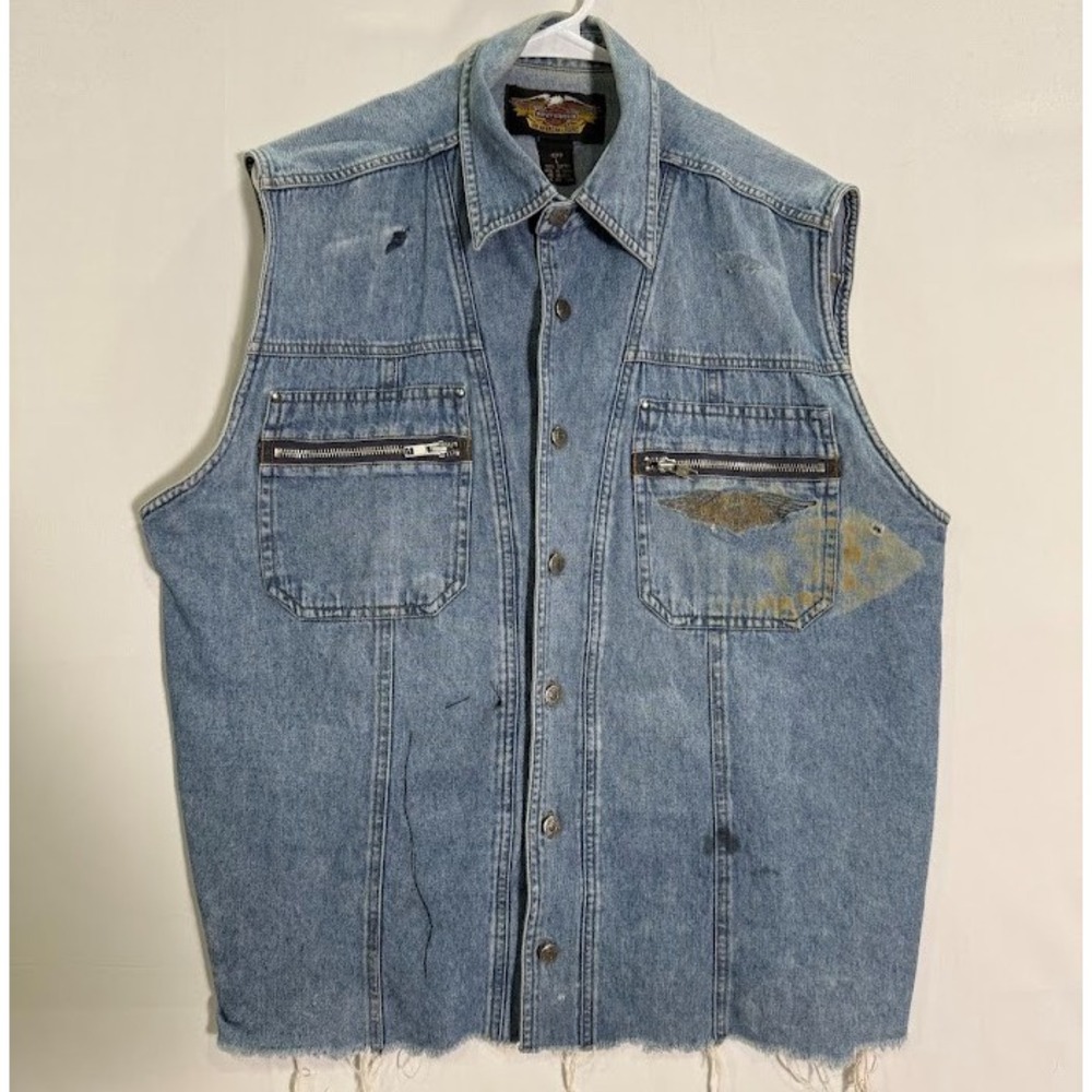 Vtg Harley Davidson Motorcycles Vest Denim Large Well Worn Distressed An Stained